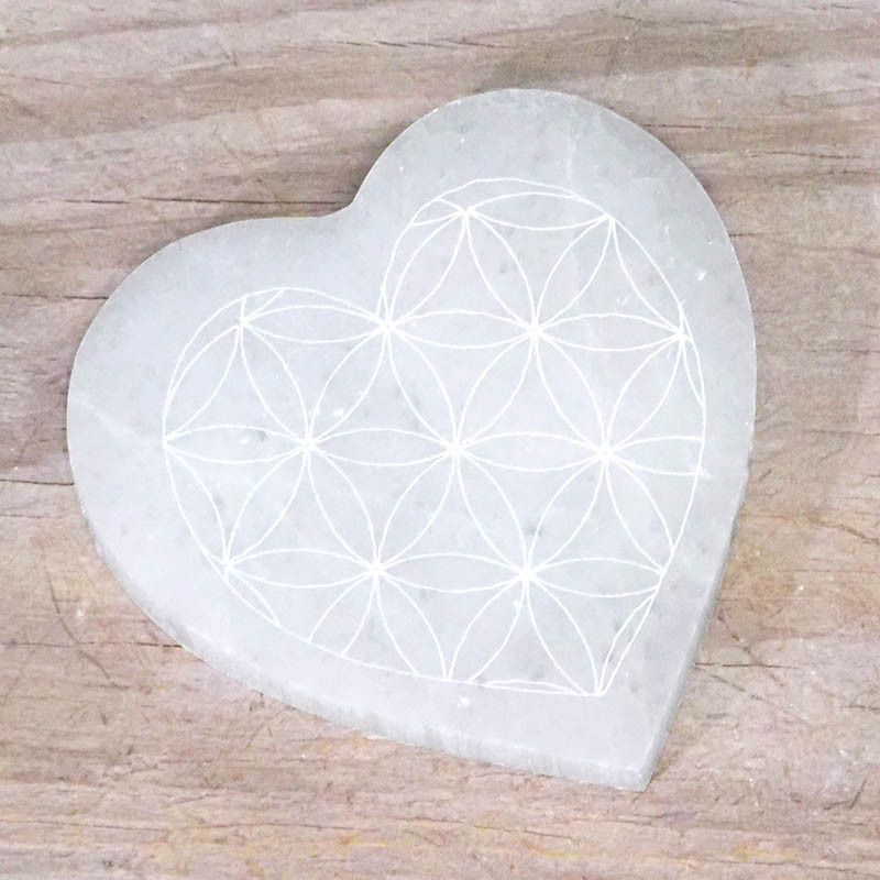 white selenite gemstone heart plate engraved