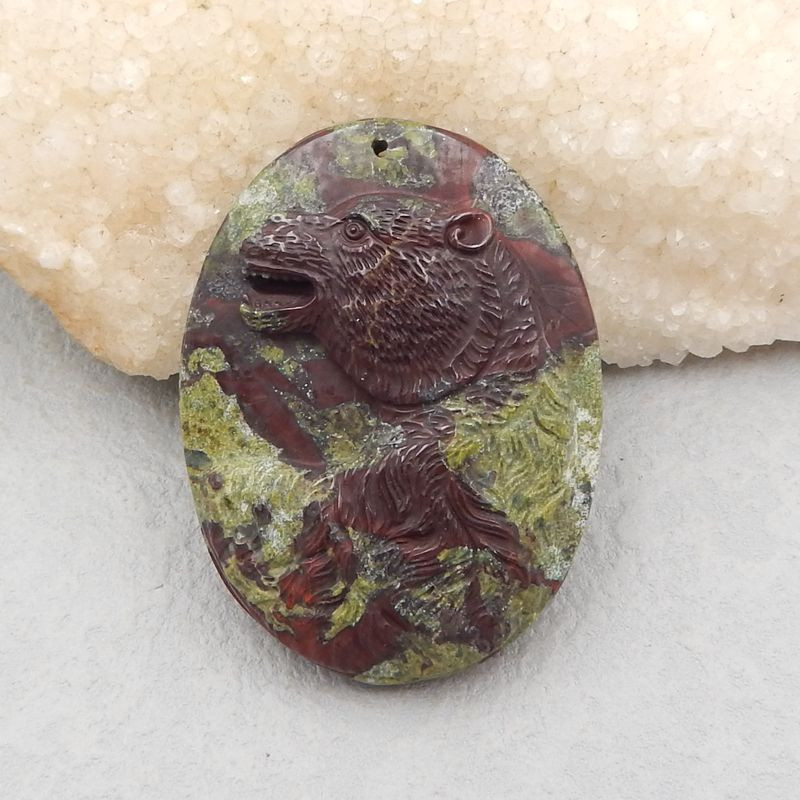 D4154 - 365.5cts New!Carved Dragons Blood Jasper Bear Head Pendant,Necklace