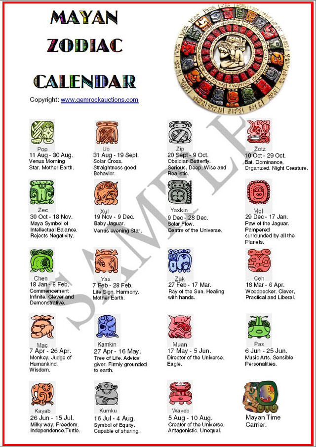 MAYAN ZODIAC CALENDAR FREE SHIPPING