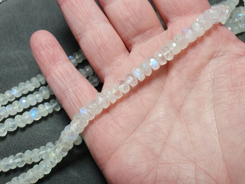 High Quality Hand-Cut Semi-Precious Gemstone ~69 Beads 4.5-5mm x 4.5-5mm Freeform Faceted Coin Shaped Rainbow Moonstone Beads 14 Strand