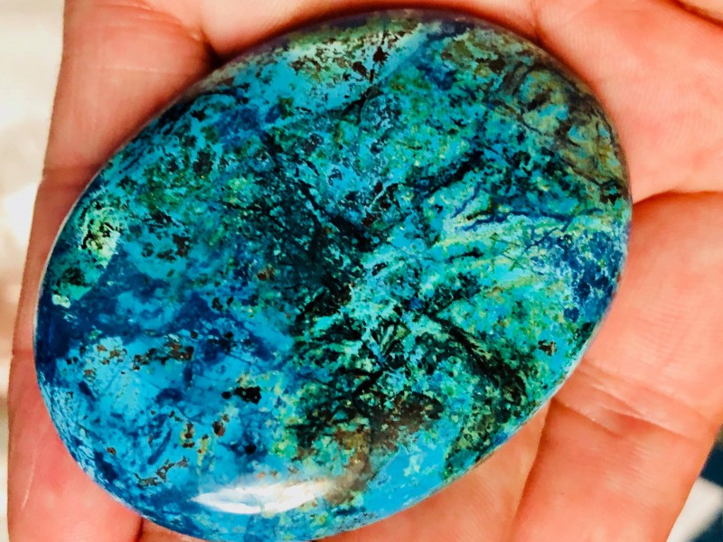 shattuckite gemstone cabochon with azurite, malachite, and chrysocolla