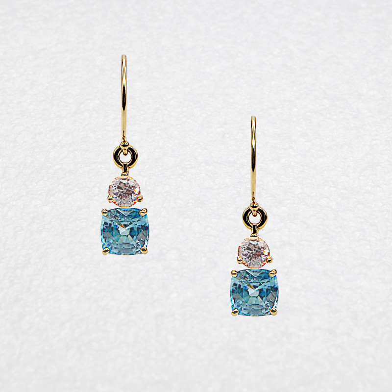 Blue & Pink Zircon Drop Earrings Mounted in 14k Yellow