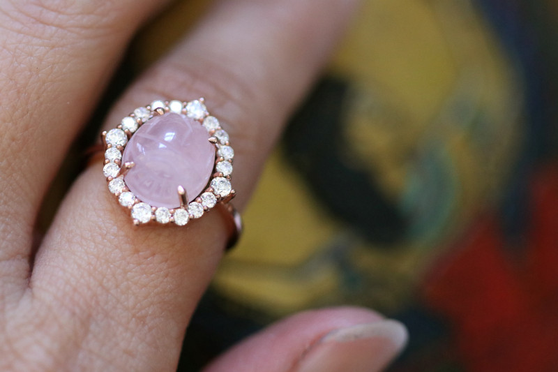 rose quartz gemstone scarab ring with cubic zirconia