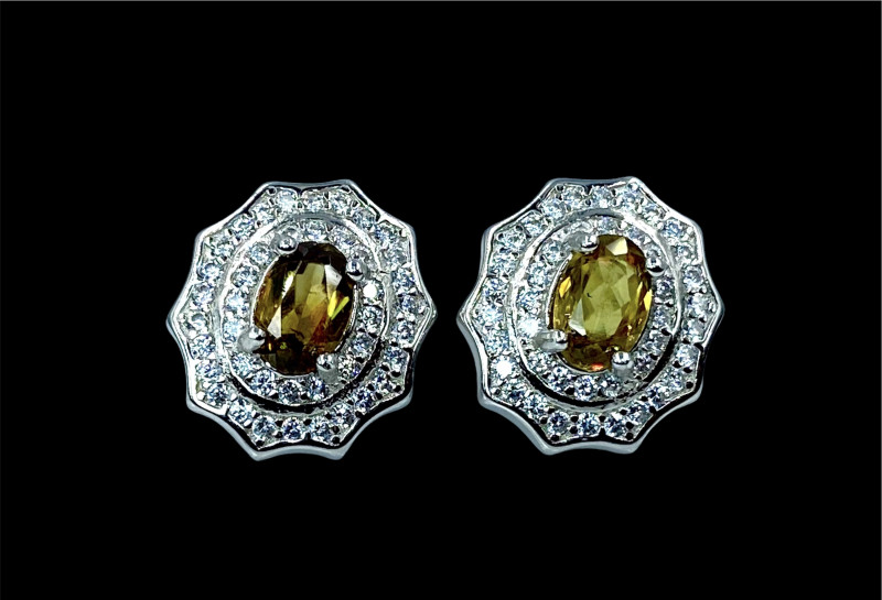 brownish green sphene gemstone earrings with cubic zirconia