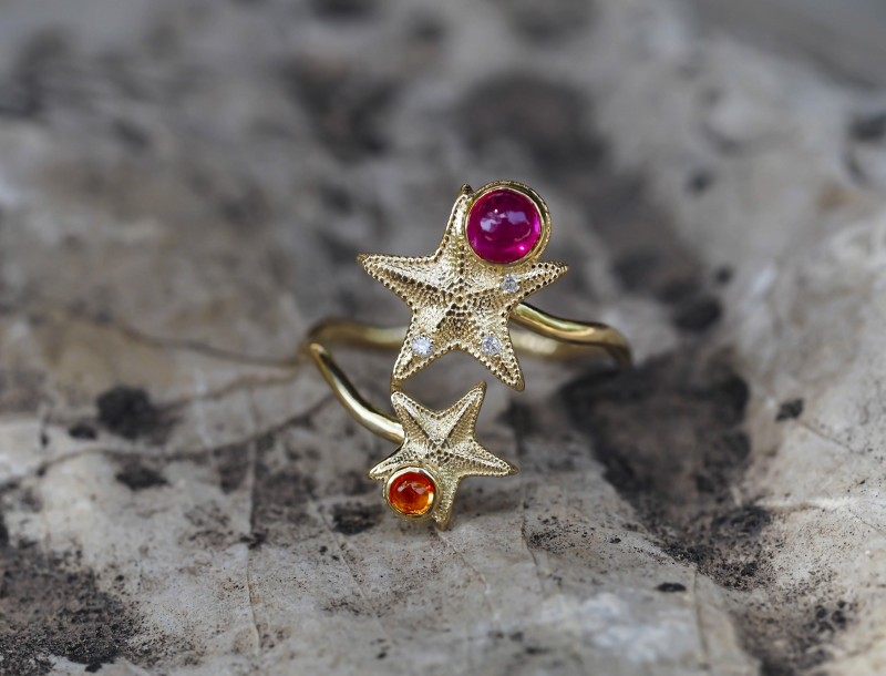 14k gold ring with ruby, sapphire and diamonds. Certified.