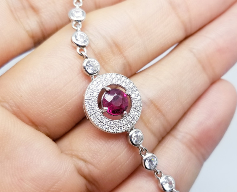 rubellite tourmaline gemstone bracelet with cubic zirconia