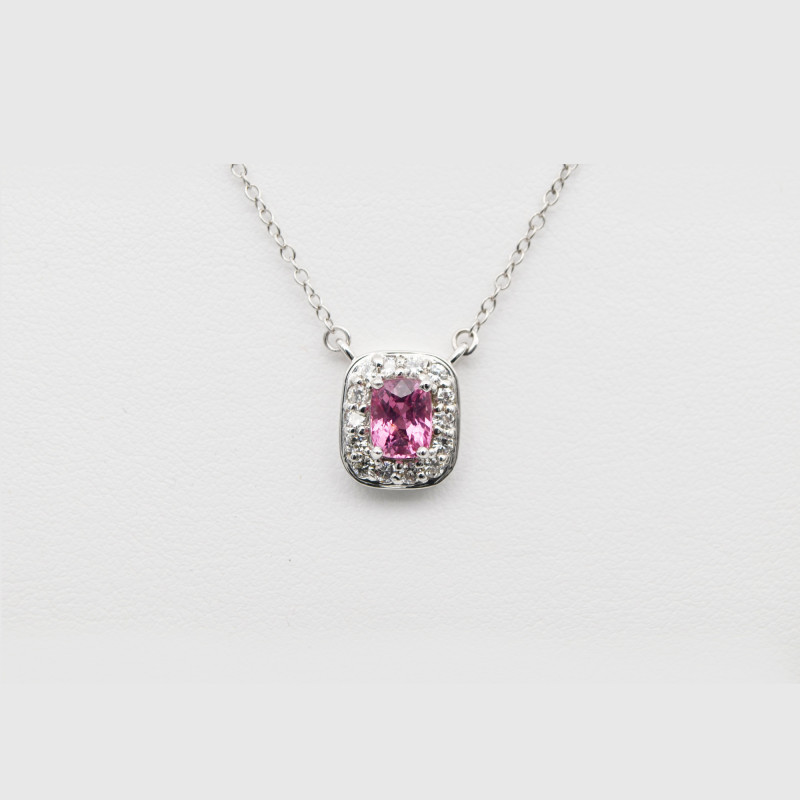 14 Karat Weißgoldring mit rosa Spinell und Diamant