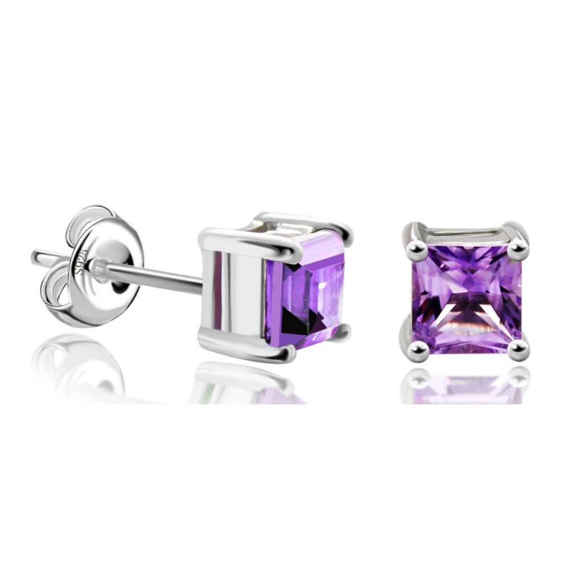 Sterling Silver PrincessCut Gemstone Stud Earrings