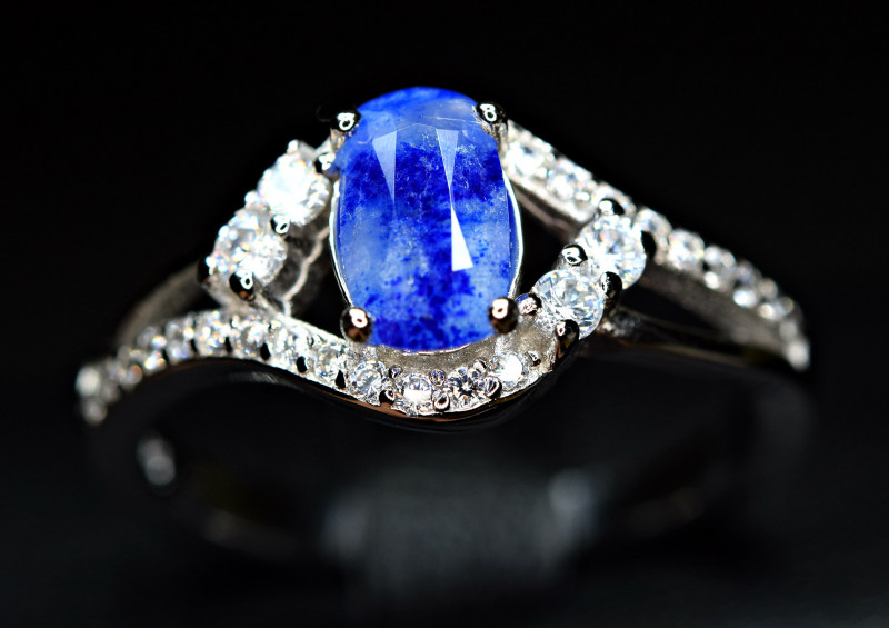 bright blue afghanite gemstone ring with cubic zirconia