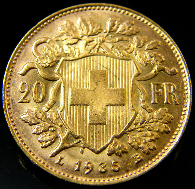 UNC SWISS 20 FRANCS GOLD COIN 1935 CO 165