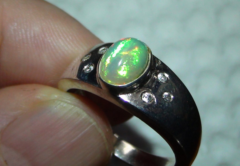 Sz 10 Men's Opal Silver Ring With Brilliant Cut Cubic