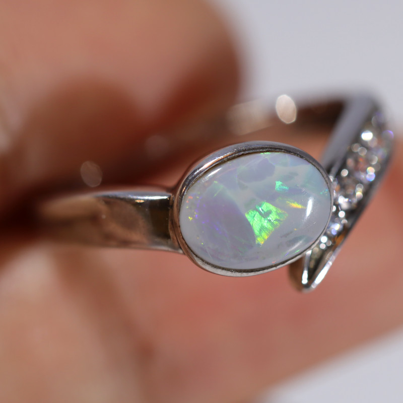 925 Sterling Silver Created Opal Engagement Ring – Rhodium Plated, Oval Stone (0.31 Ct), Size Adjustable - View #11